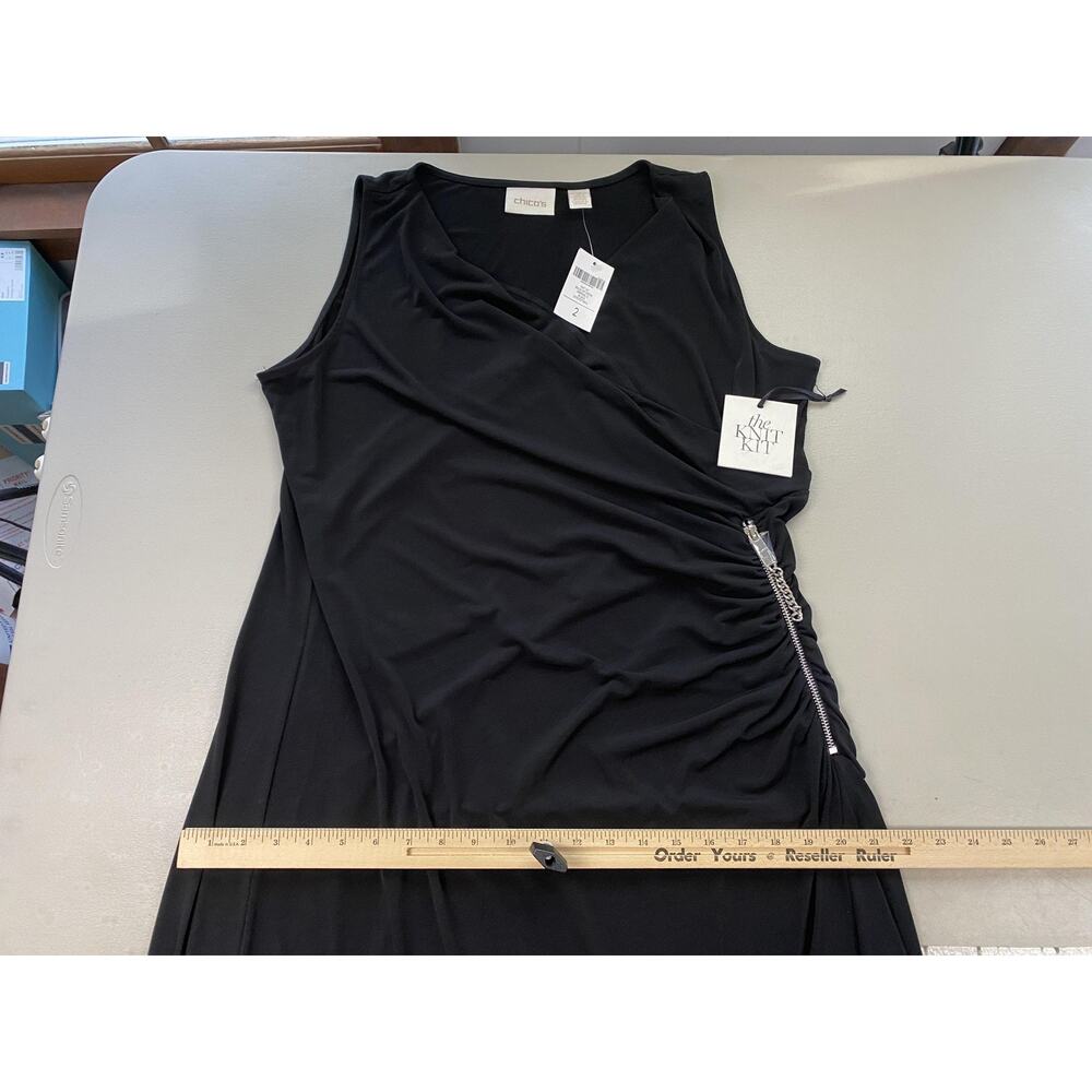 Chicos Maxi Dress 2 Large Black Sleeveless Zip Ruched Asymmetric Travel Knit NEW - Picture 8 of 11